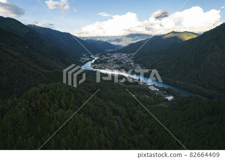 Evening view of the Kiso River Drone aerial view 82664409