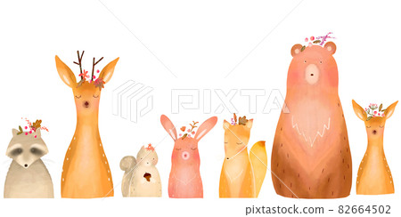 Illustration of a white background vector frame directly in front of a fashionable Scandinavian forest animal with a corolla 82664502