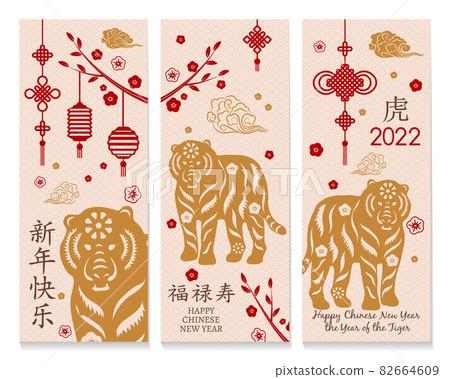 Set of banner with tigers for Chinese New Year. Hieroglyph translation: Happy New Year, happiness, prosperity, longevity, Tiger. 82664609