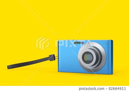 Stylish blue compact pocket digital camera isolated on yellow background. 3D rendered concept of vacation travel destination 82664911