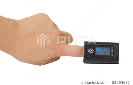 Woman using fingertip pulse oximeter on white background studio isolated. Man use finger to test 82665682