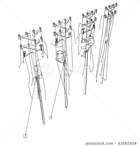 Contour of destroyed power lines from black isolated on white background. Isometric view. Vector illustration Contour of destroyed power lines from black isolated on white background. Isometric view. Vector illustration 82665684
