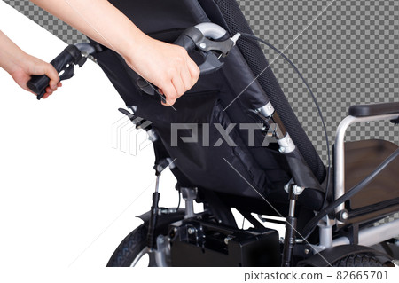 Motorized Electric wheelchair for senior elder patient. Handlebar stop brake lever for caregiver 82665701