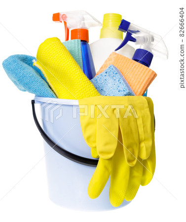 House chores bucket with cleaning supplies isolated House chores bucket with cleaning supplies isolated 82666404