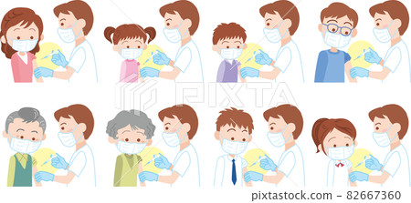 People in masks getting doctors to give injections to their left arm 82667360