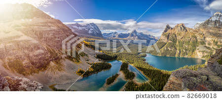 Panoramic View of Glacier Lake with Canadian Rocky Mountains 82669018