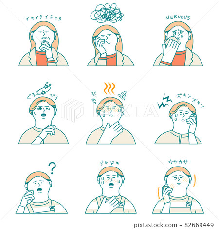 Female facial expression illustration set_Symptoms due to menopause, etc. 82669449