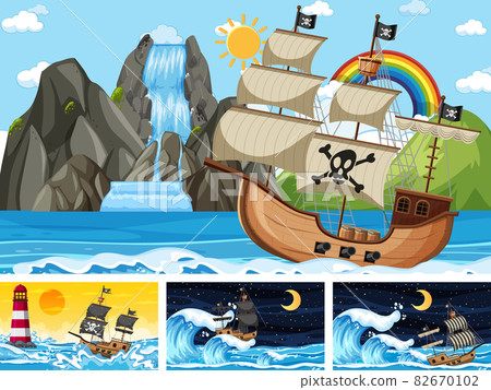 Set of Ocean with Pirate ship at different times scenes in cartoon style Set of Ocean with Pirate ship at different times scenes in cartoon style 82670102