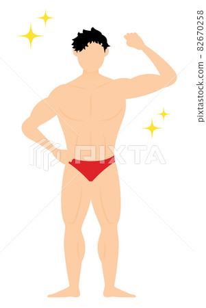 A male bodybuilder who makes a bicep with one hand and poses 82670258