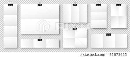 Blank folded paper sheets with binder clips. White notebook or book page and metal holder. Design 82673615