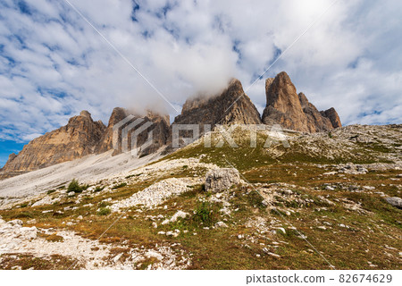 South Rock Face of Drei Zinnen or Tre Cime di Lavaredo - Sesto Dolomites Italy 82674629