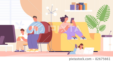 Family at home with gadget. Parents, kids use smartphone and playing computer. Modern digital lifestyle. Social media addiction utter vector scene 82675661