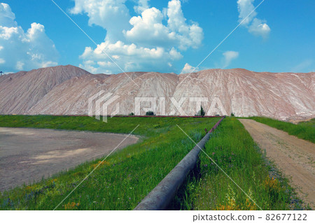View of the mountains of spent ore, salt mining, minerals. 82677122