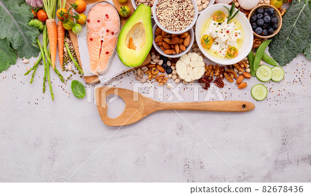 Ketogenic low carbs diet concept. Ingredients for healthy foods selection set up on white concrete background. 82678436