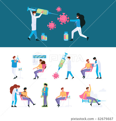 Medical vaccination. Health covid prevention doctor nurse making vaccine garish vector flat characters Medical vaccination. Health covid prevention doctor nurse making vaccine garish vector flat characters 82679887