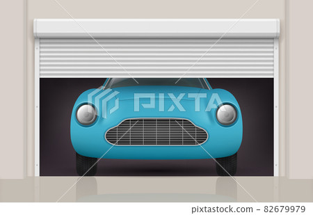 Car in garage. Roller doors at parking gates front view automobile decent vector realistic illustration Car in garage. Roller doors at parking gates front view automobile decent vector realistic illustration 82679979
