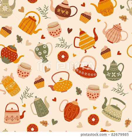 Teapots pattern. Mug cups and stylized teapots cosy recent vector seamless background for textile design projects Teapots pattern. Mug cups and stylized teapots cosy recent vector seamless background for textile design projects 82679985