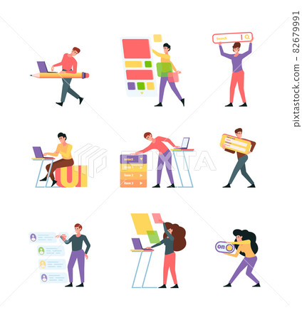 Designers interfaces. Web programmers and builders making ui holding frames of user interface creative workers professional artists garish vector flat pictures Designers interfaces. Web programmers and builders making ui holding frames of user interface creative workers professional artists garish vector flat pictures 82679991