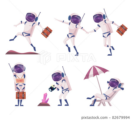 Cosmonauts. Space tourists universe travellers auto stop on rockets futuristic characters exact vector illustrations set Cosmonauts. Space tourists universe travellers auto stop on rockets futuristic characters exact vector illustrations set 82679994