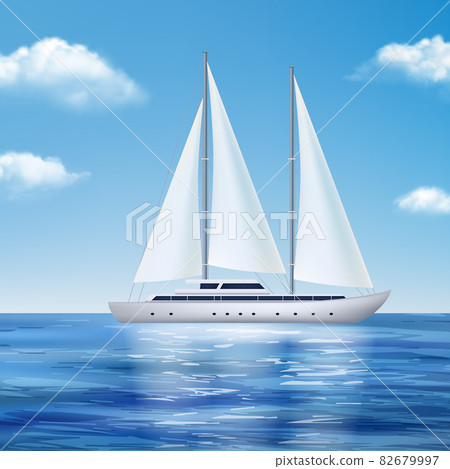 Yacht in sea. Travel water transport in ocean cruising boat expedition concept seascape ship decent vector realistic background Yacht in sea. Travel water transport in ocean cruising boat expedition concept seascape ship decent vector realistic background 82679997