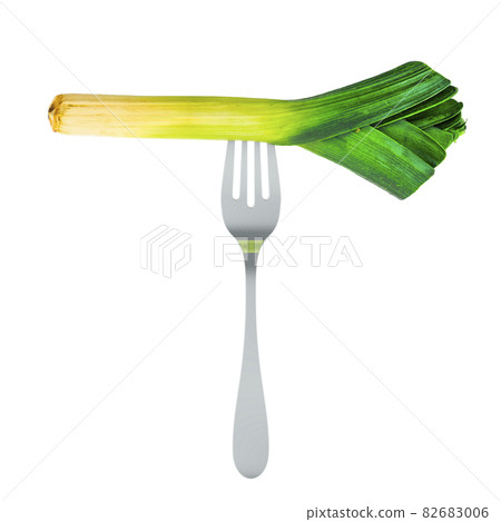 Leek on fork, 3D rendering 82683006