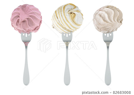 Zephyr, marshmallow on forks, three types of marshmallows. 3D rendering 82683008