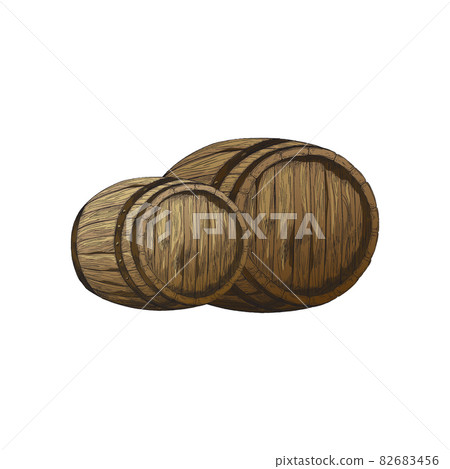 Two old wooden barrels for wine, rum or beer storage at winery or brewery. 82683456
