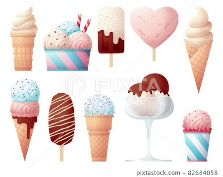Ice cream collection. Creams objects, glace lolly and cone with cream ball. Isolated chocolate sweets, cold desserts. Creamy delicious swanky vector set 82684058