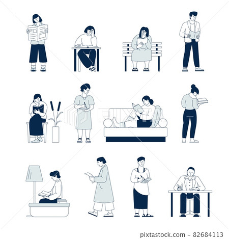 Cute reading characters. Men hold book, adult study. Isolated library readers, books lovers. Students or business people, self education recent vector person 82684113