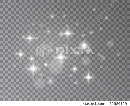 White light shine stars. Glowing burst, silver flashes. Bright lightness effect, blur holiday elements. Magic sparkle glitters exact vector background 82684129