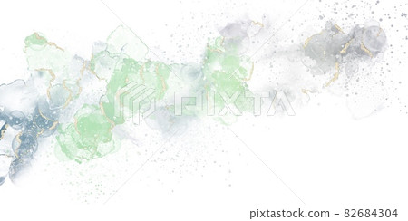 Minimal abstract background of alcohol ink art) Gold fluid on green Romantic banner Delicate smoke Spring 82684304