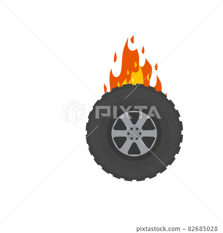 Burning wheel of car. Flames on tire. Symbol of speed and racing Burning wheel of car. Flames on tire. Symbol of speed and racing 82685028