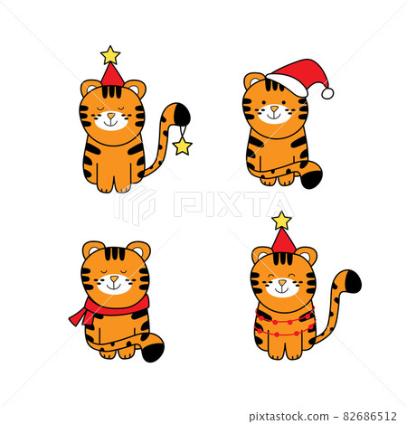 Set of cute tiger in Christmas costume - vector collection on white Set of cute tiger in Christmas costume - vector collection on white 82686512