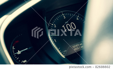 Speedometer fast. Car dashboard panel with speed meter, tachometer. Speed race background. 82686602