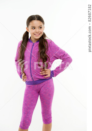 Working out with long hair. Girl cute kid with long Working out with long hair. Girl cute kid with long 82687182