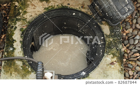 Drain cleaning. Plumber repairing clogged grease trap with auger machine. Maintenance the sewage system and grease trap by professional plumber. Using auger snake to fix and unclog a drain. Drain cleaning. Plumber repairing clogged grease trap with auger machine. Maintenance the sewage system and grease trap by professional plumber. Using auger snake to fix and unclog a drain. 82687844