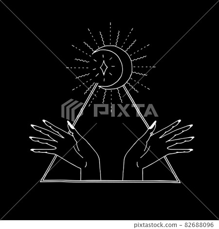 Vintage Mystic Half Moon and female hands inside triangle Vintage Mystic Half Moon and female hands inside triangle 82688096