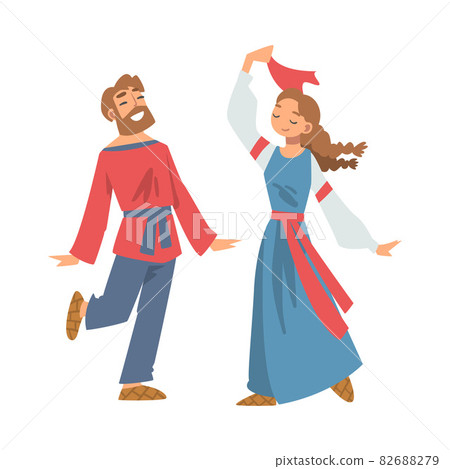 Slav or Slavonian Man and Woman Character in Ethnic Clothing and Straw Shoes Dancing Vector Illustration 82688279