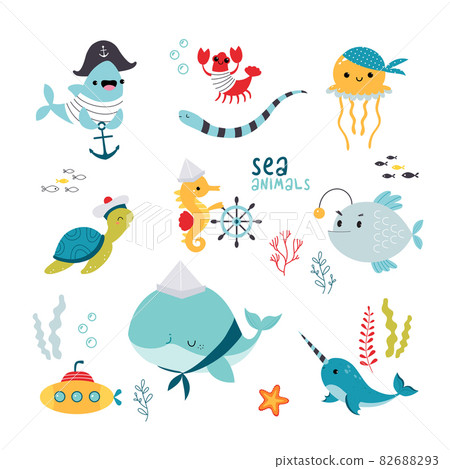 Cute Sea Animals in Striped Vest and Bandana Floating Underwater Vector Set Cute Sea Animals in Striped Vest and Bandana Floating Underwater Vector Set 82688293