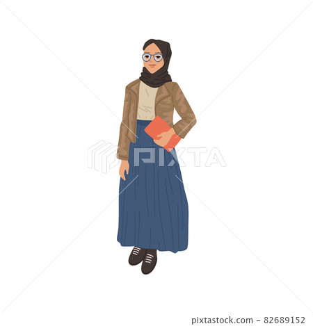 Arab modern woman, headdress on her head, portrait or avatar of a girl in full growth. Vector cartoon illustration 82689152
