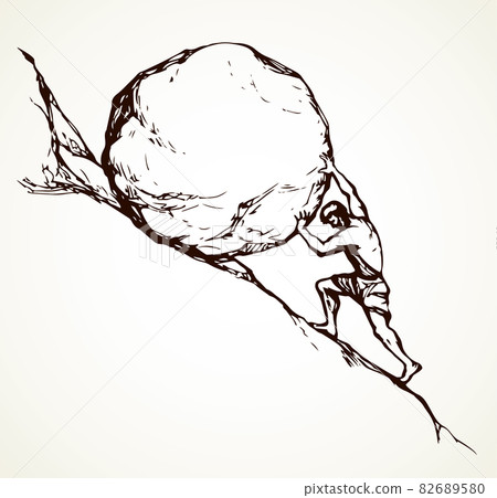 A man rolls a stone up the hill. Vector drawing A man rolls a stone up the hill. Vector drawing 82689580