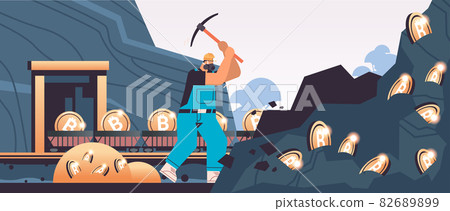 man miner digging and extracting bitcoins in mine cave mining crypto coins digital cryptocurrency blockchain 82689899