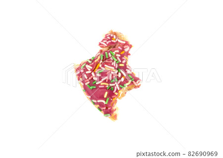 Donut close-up on a white background. Bitten donut isolated on white background. Donut close-up on a white background. Bitten donut isolated on white background. 82690969