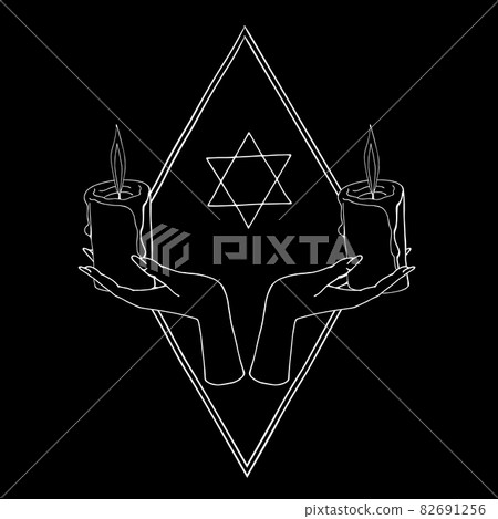 Vintage Gold and Black Mystic Hands holding candles with hexagram. Vintage Gold and Black Mystic Hands holding candles with hexagram. 82691256