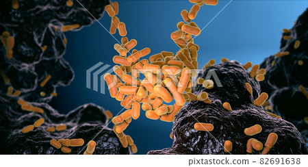 Yellow colored Escherichia coli bacteria found in the intestine and feces - 3d illustration 82691638