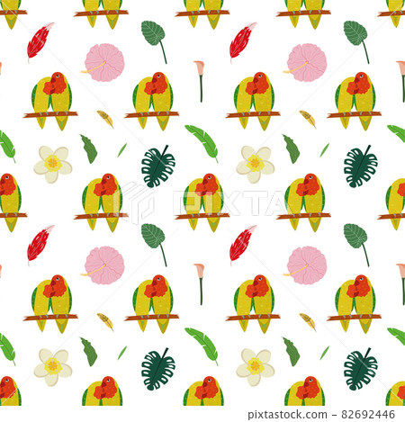 Seamless pattern with parrots lovebirds, tropical leaves and flowers. Cute baby print for fabric and textile. 82692446