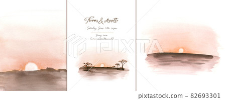 Watercolor landscape: african desert sunrise. Hand painted nature view with Acacia trees. Beautiful safari scene for wedding invitation pre-made card design 82693301