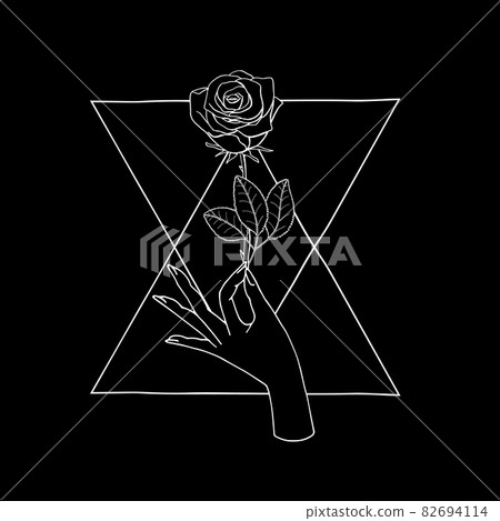 Vintage Boho Mystic Hand holding rose flower drawing on triangle shape. Vintage Boho Mystic Hand holding rose flower drawing on triangle shape. 82694114