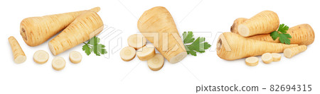 Parsnip root and slices with parsley isolated on white background closeup, Set or collection 82694315