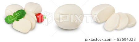 Mozzarella cheese sliced with basil leaf isolated on white background . Set or collection Mozzarella cheese sliced with basil leaf isolated on white background . Set or collection 82694328